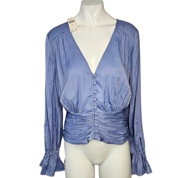 Anthropologie Womens Smocked Button Front V-Neck Cinched Sleeve Size Small - Picture 1 of 10
